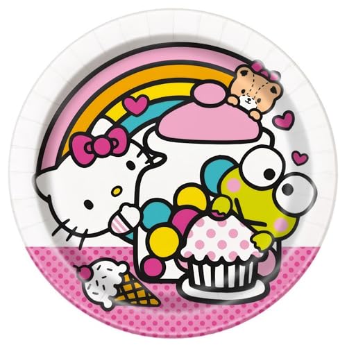 Hello Kitty & Friends Pink & White Round Paper Dessert Plates - 7" (Pack of 8) - Adorable Design, Perfect for Parties an