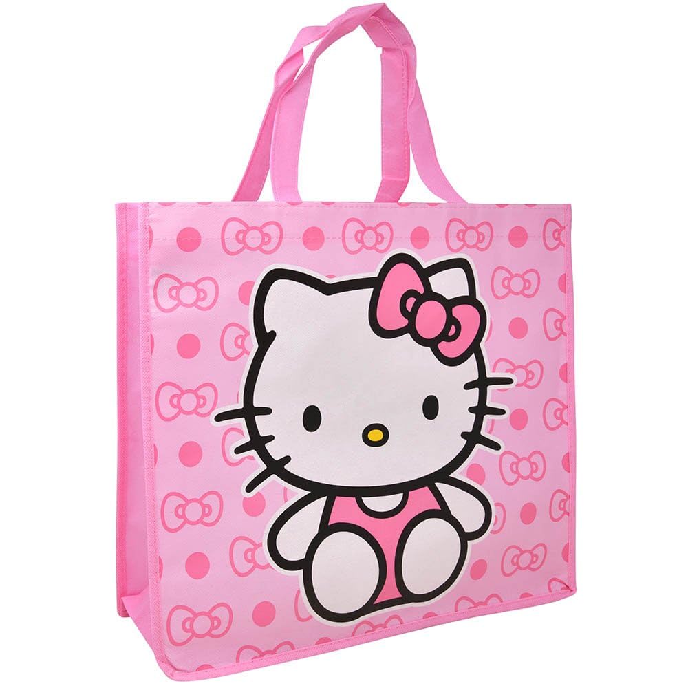 Fast Forward Hello Kitty Large Shopping Tote Bag, Pink with Bow Pattern, Reusable for Everyday Shopping, Eco-Friendly an