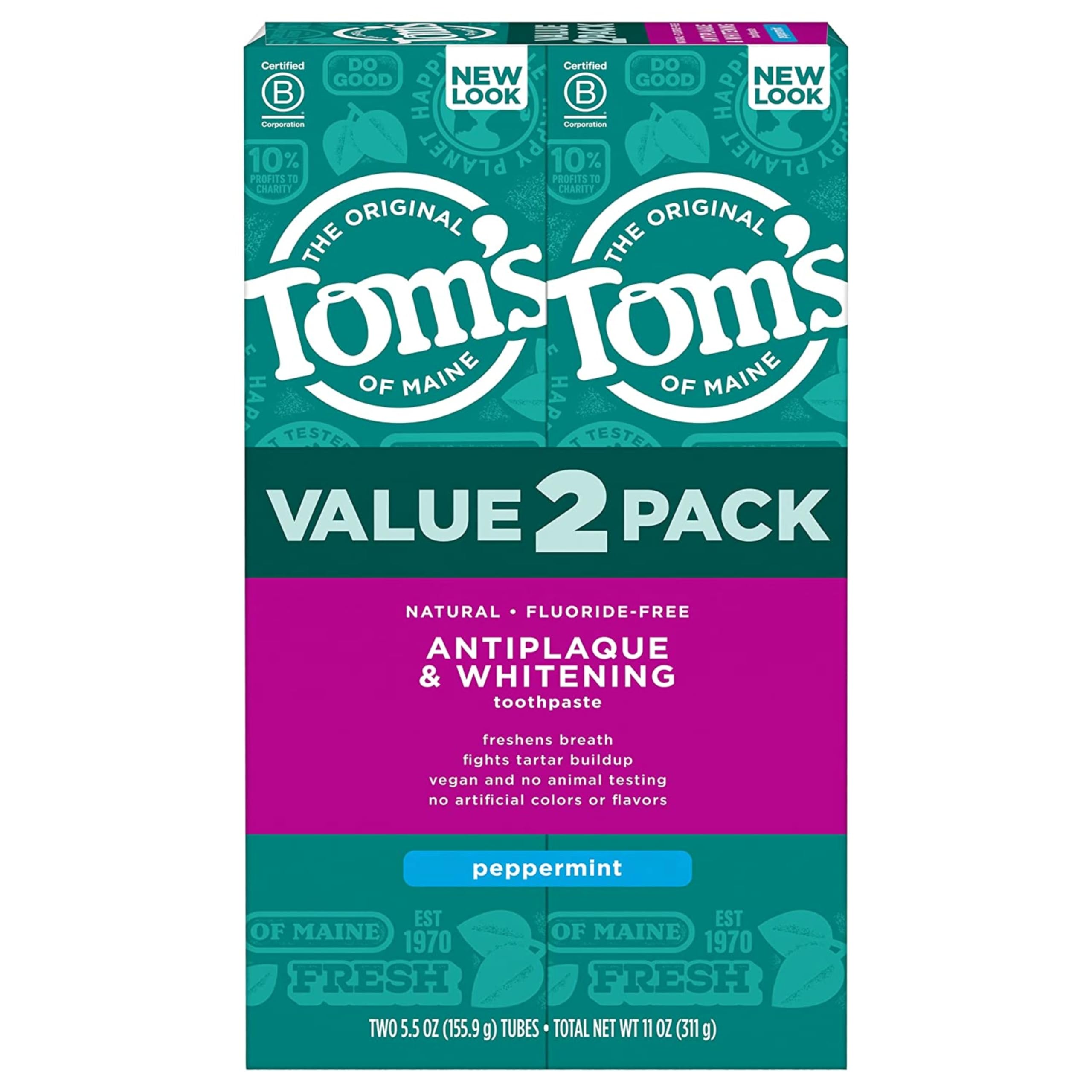 Tom's of Maine Fluoride-Free Antiplaque & Whitening Toothpaste for Natural Clean, Peppermint Flavor, 5.5 oz (Pack of 2)