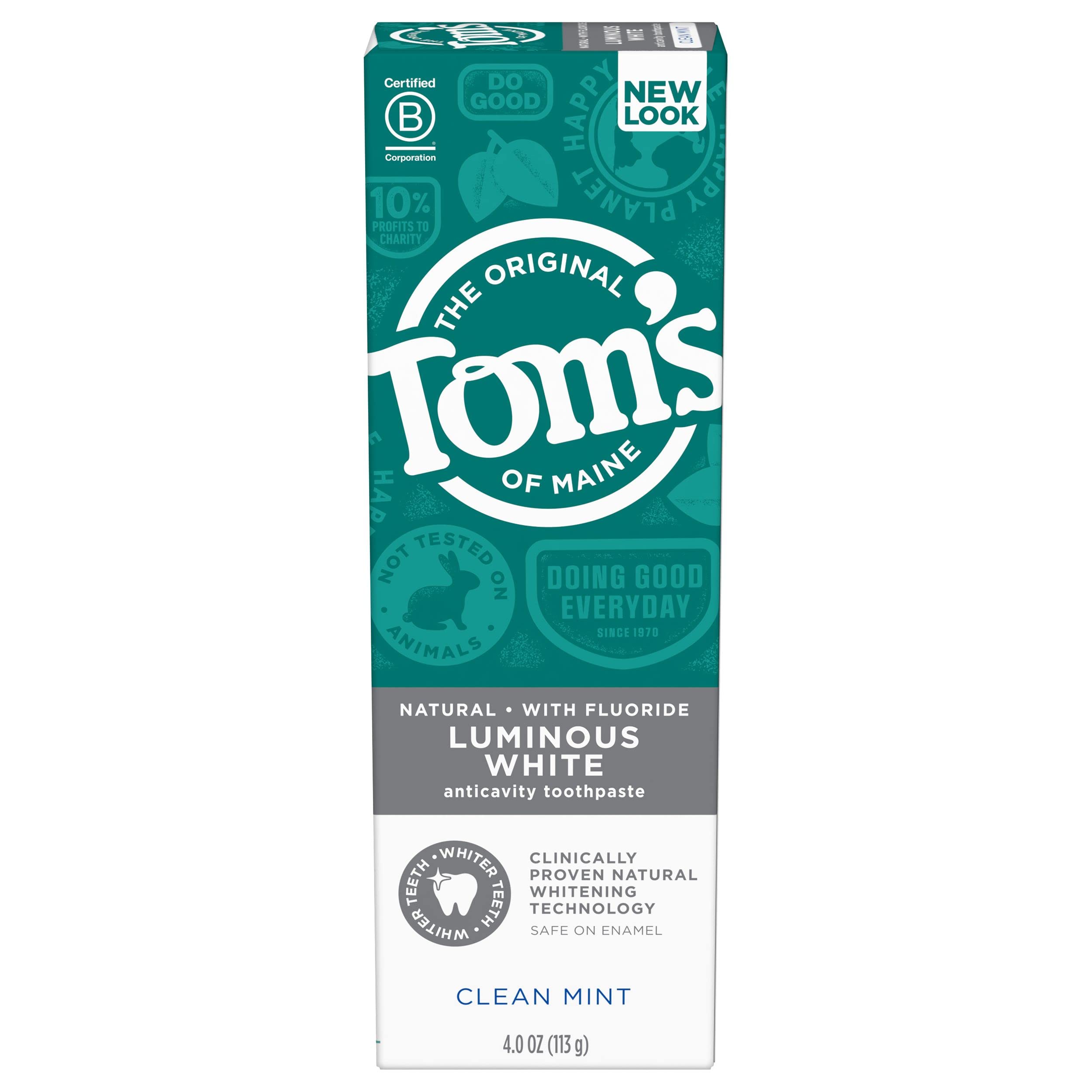 Tom's of Maine Natural Luminous White Toothpaste with Fluoride | Clean Mint Flavor | Whitening Benefits | Daily Oral Car