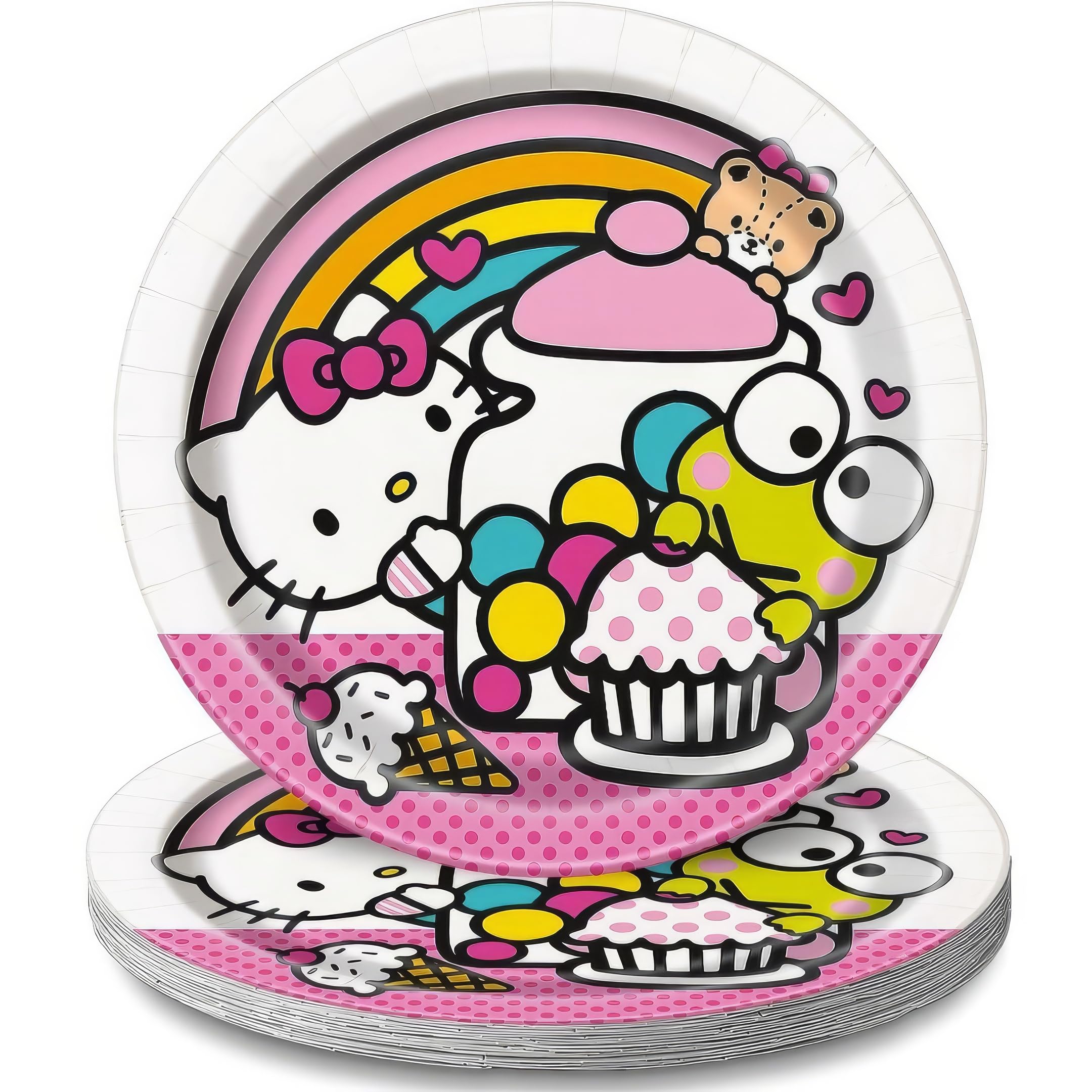 Hello Kitty & Friends Pink & White Round Paper Dessert Plates - 7" (Pack of 8) - Adorable Design, Perfect for Parties an