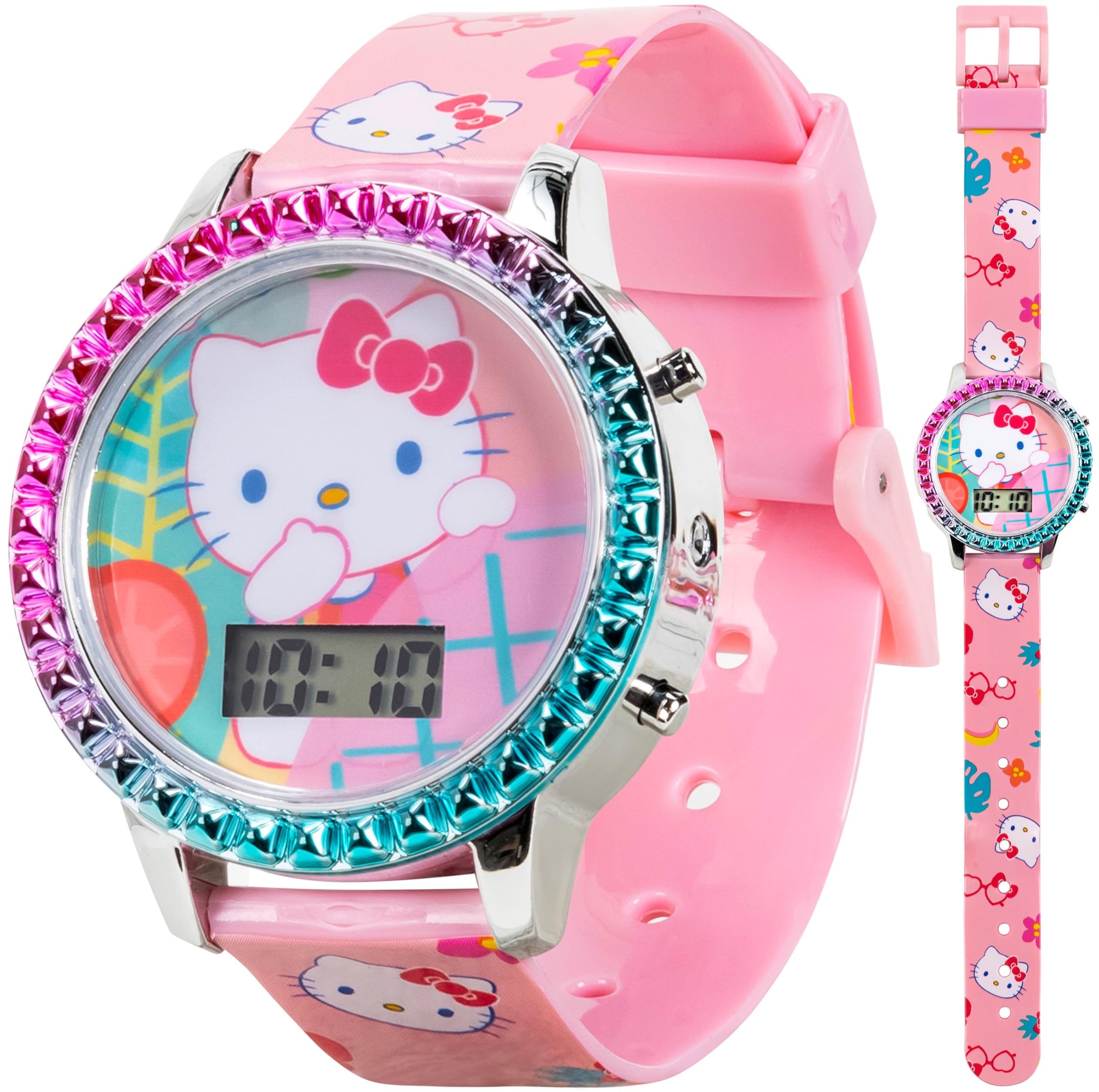 Accutime Sanrio Hello Kitty Girls' Digital LCD Quartz Watch - Pink Strap and Colorful Bezel - Fun LED Light Show for Kid